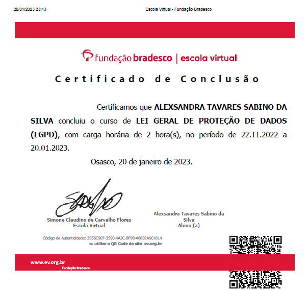 Certificado Lei Geral de Proteção de dados LGPD - Fundação Bradesco